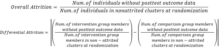 In contrasts with randomization of clusters, if the contrasts exhibit low risk of joiner bias or no individuals join the sample, reviewers assess overall and differential attrition at both the cluster and individual levels. In cluster randomized contrasts, individual-level attrition is calculated only in non-attrited clusters.